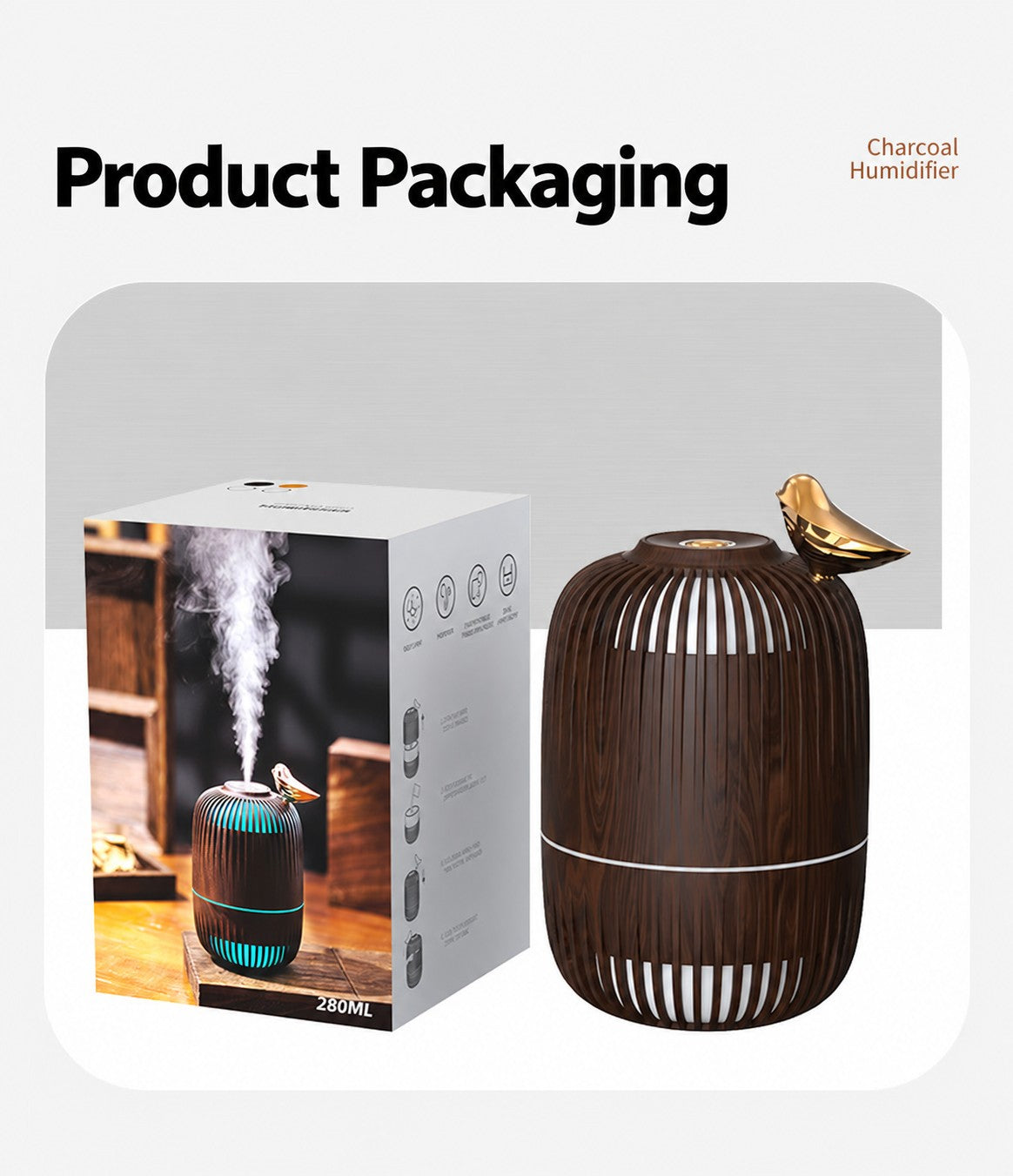 Dreambird Aroma Diffuser in Dark Walnut beside its retail box