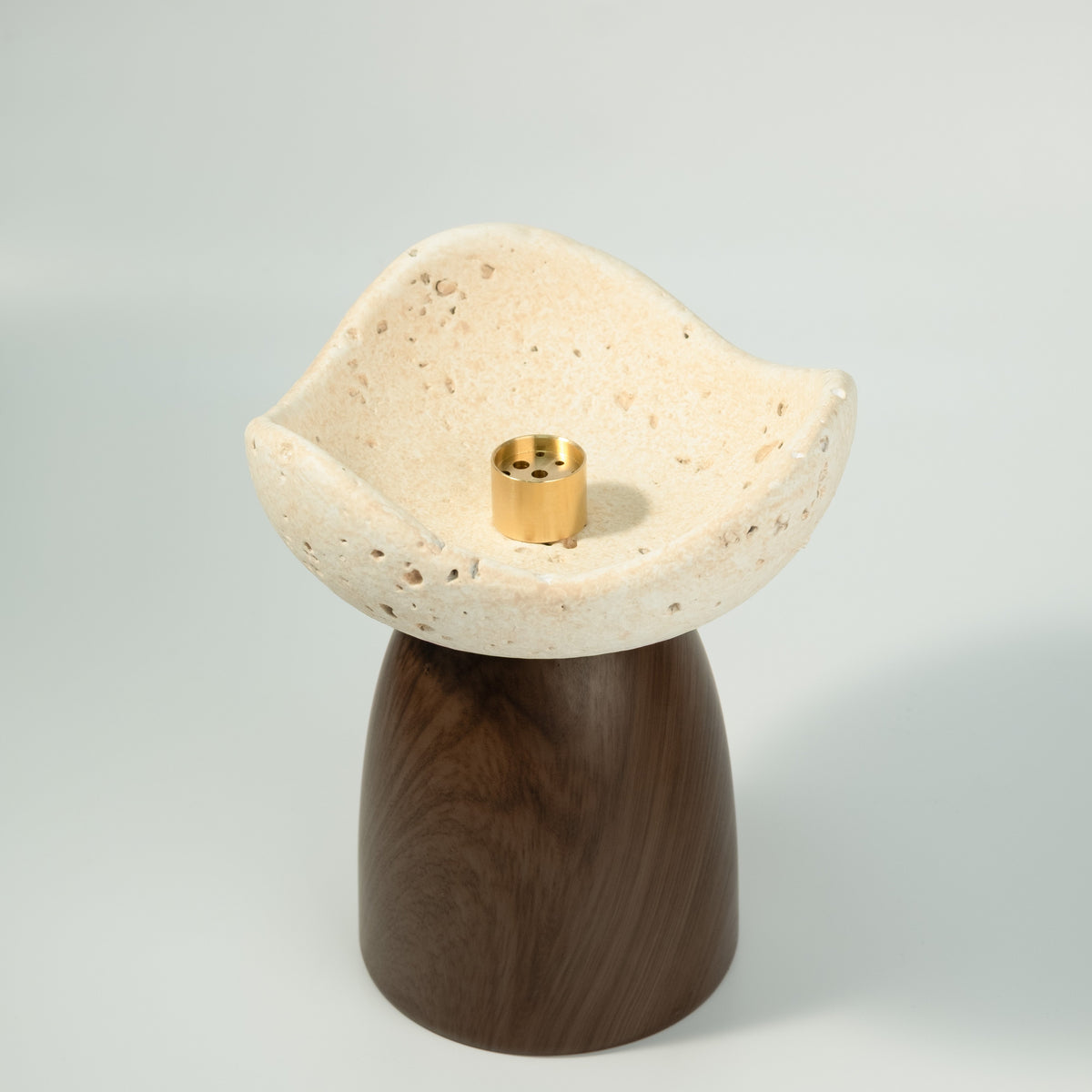 Cement pedestal incense holder in walnut and stone