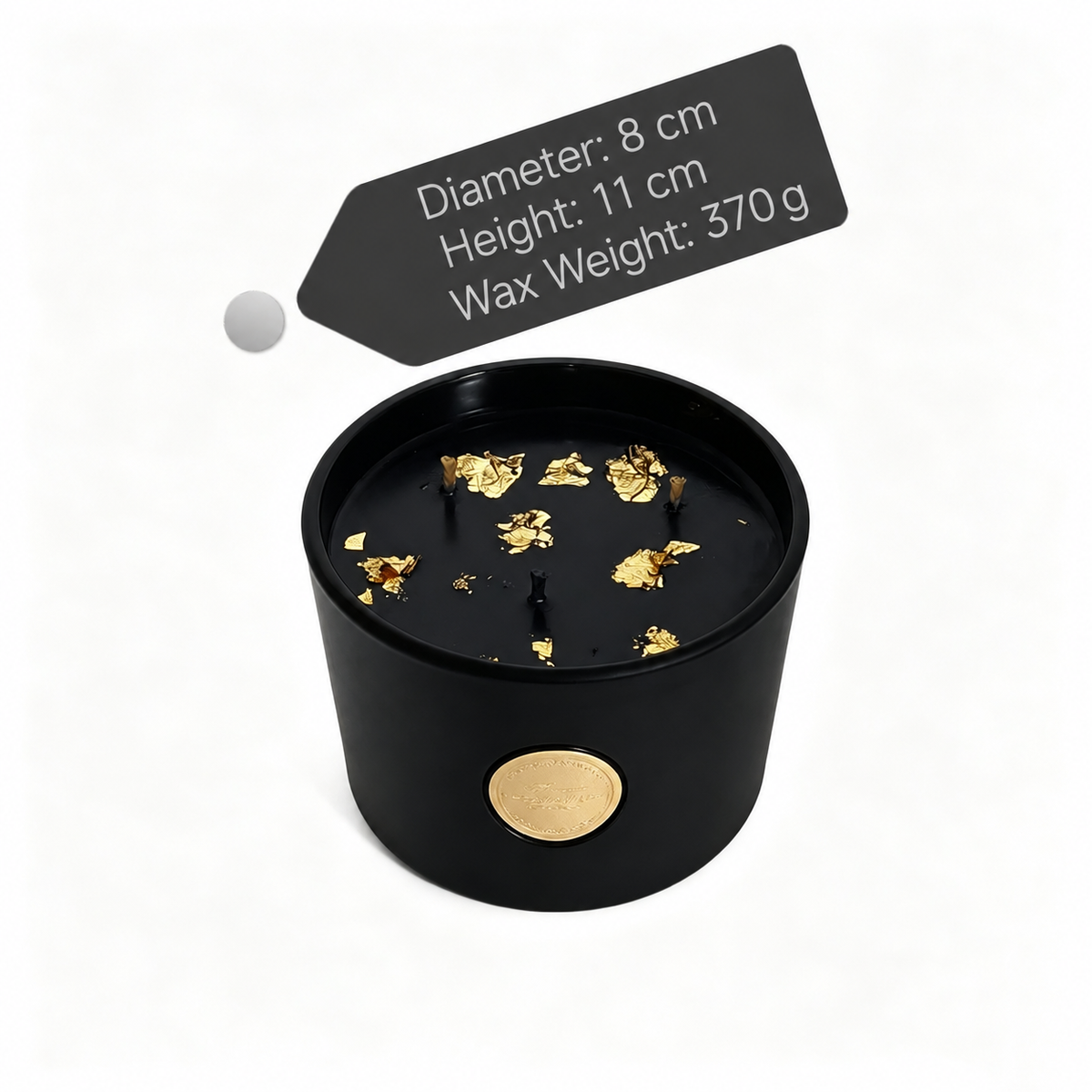 Black and gold three-wick soy candle in a matte black glass jar, size callout: 8 cm diameter, 11 cm height, 370 g wax
