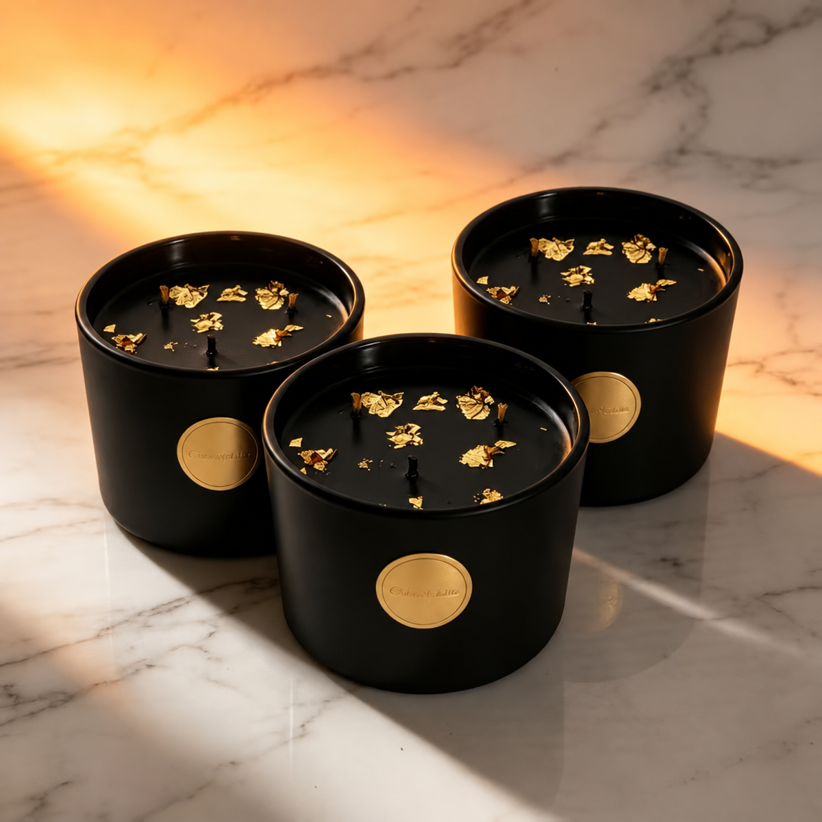 Three black and gold three-wick soy candles on marble in warm sunlight