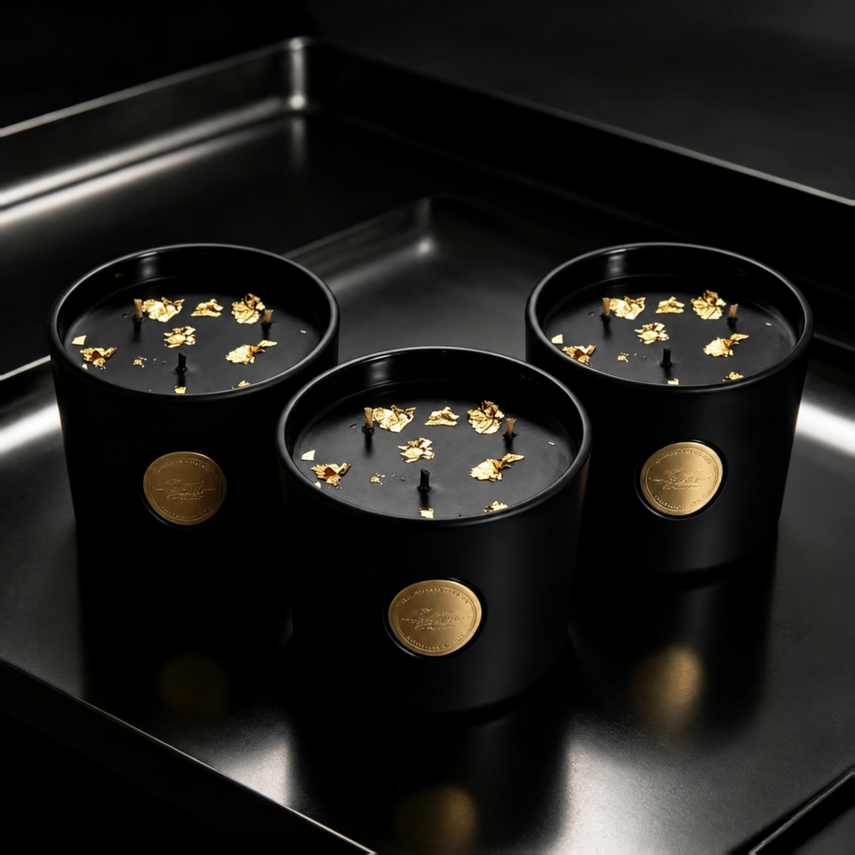 Three black and gold three-wick soy candles on a black metal surface