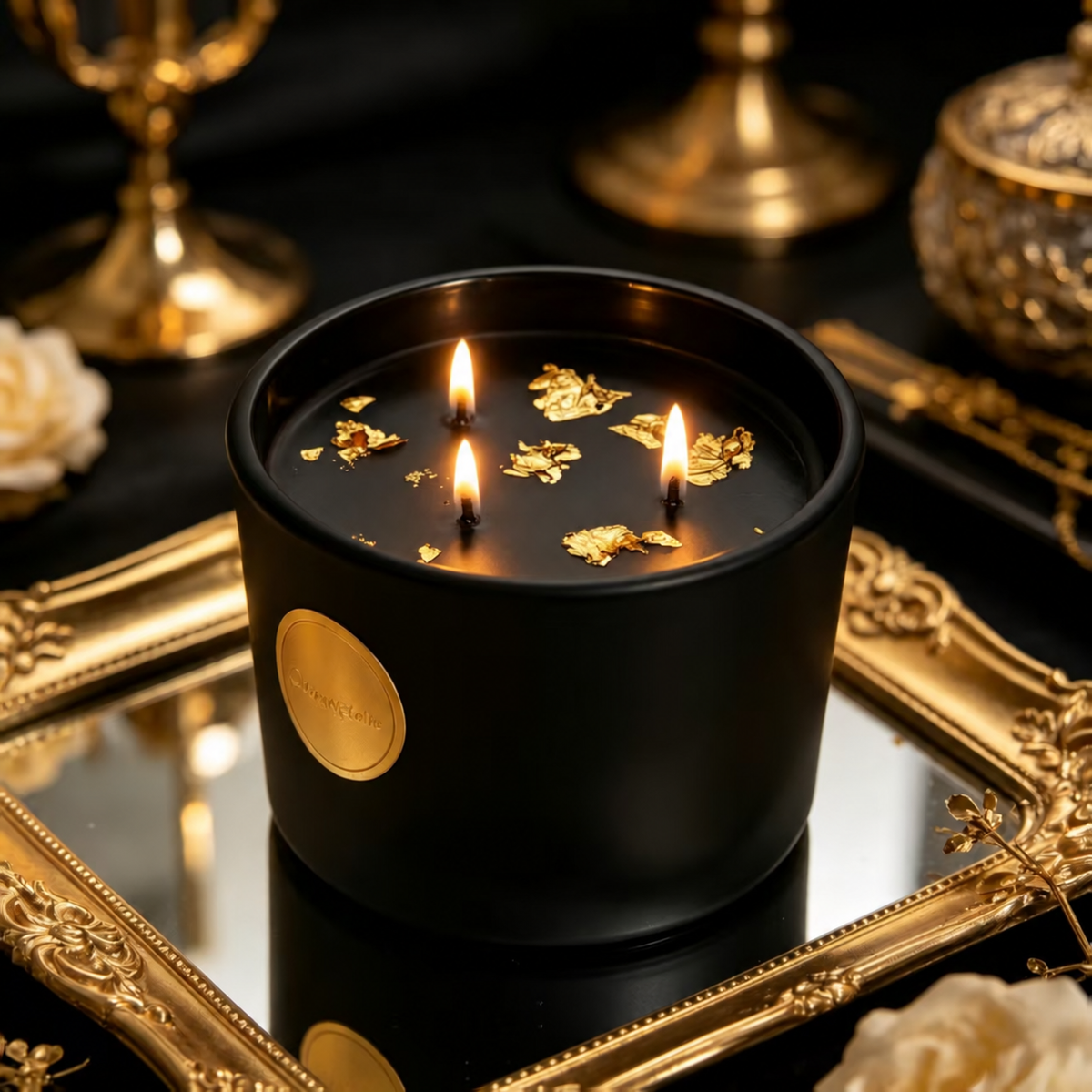 Close-up of a lit black and gold three-wick soy candle with gold foil on the wax
