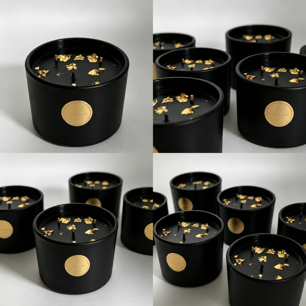 Collage of black and gold three-wick soy candles in matte black glass jars with gold badges