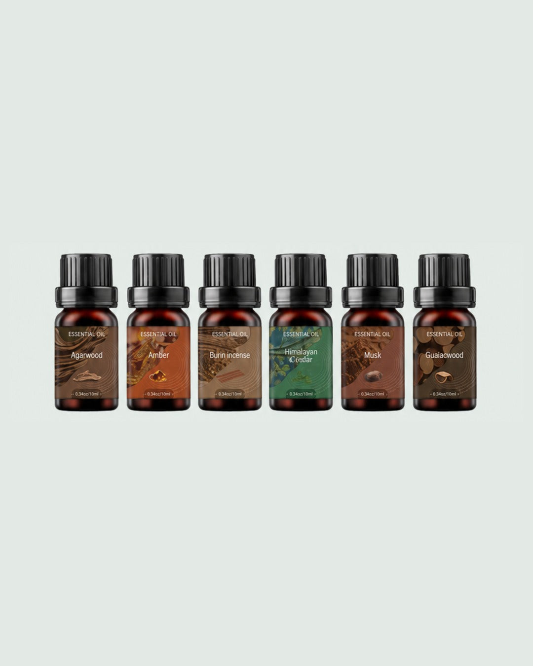 Six aromatherapy oils – Agarwood, Amber, Incense, Himalayan Cedar, Musk, Guaiacwood