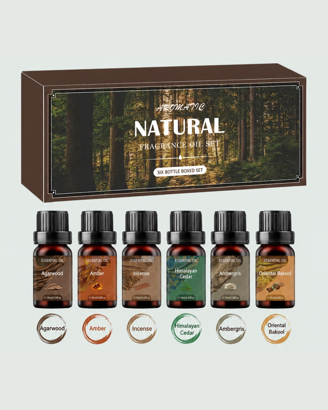Six-bottle aromatherapy oil gift set – Agarwood, Amber, Incense, Himalayan Cedar, Ambergris, Oriental Bakool