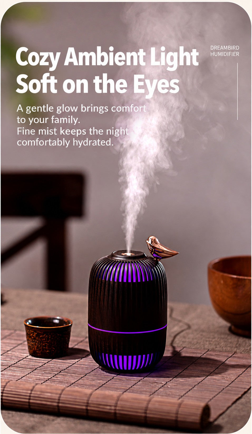 Dreambird Aroma Diffuser glowing as a bedside night light