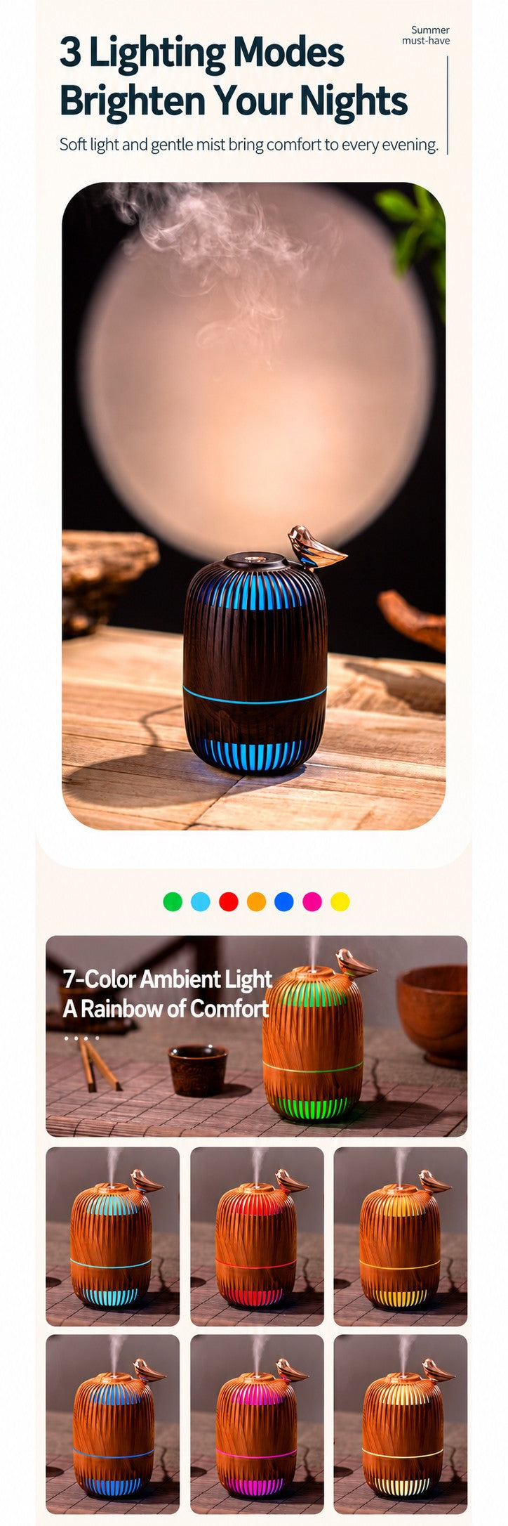 Dreambird Aroma Diffuser light modes: white light, 7-color cycle and locked color
