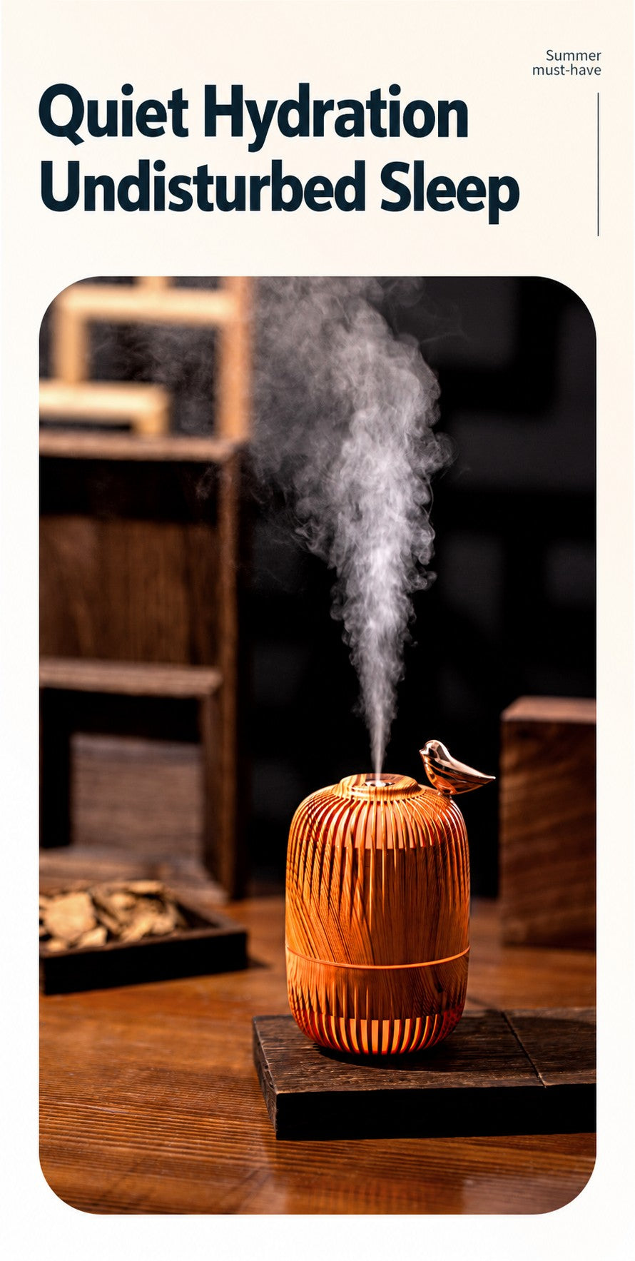 Dreambird Aroma Diffuser in Light Oak releasing fine mist