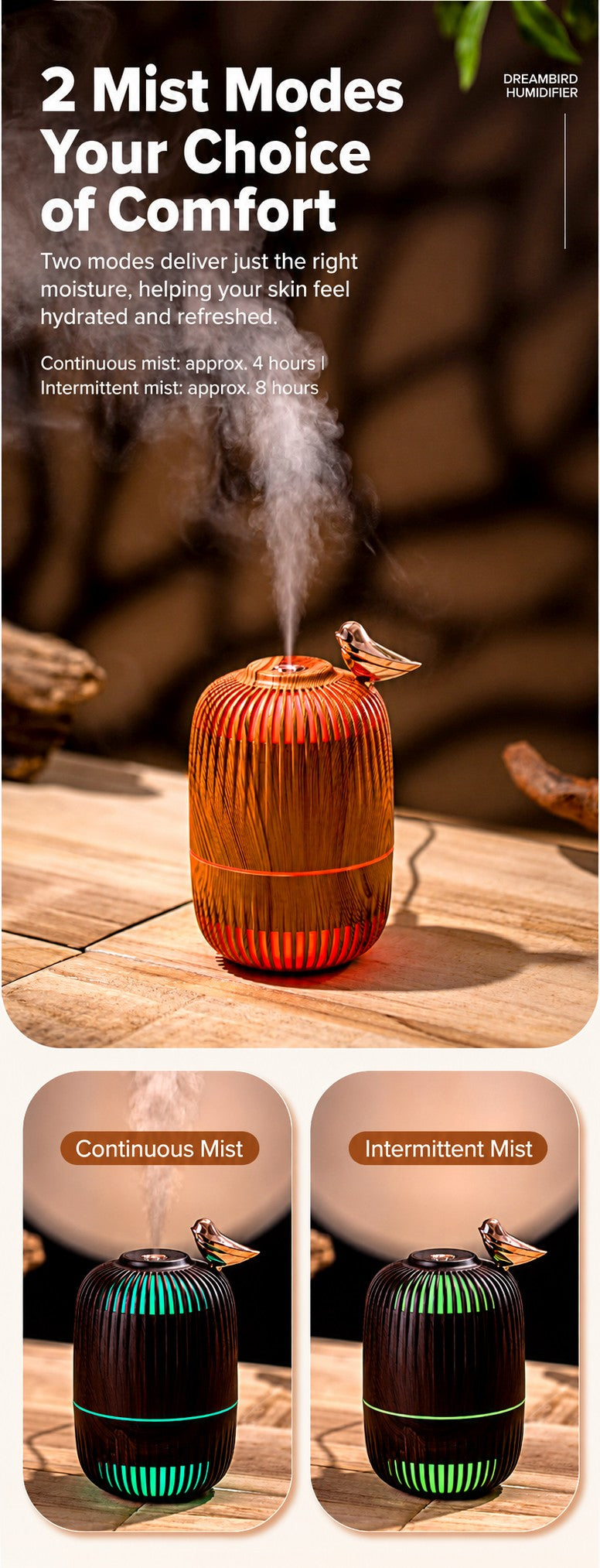 Dreambird Aroma Diffuser continuous and intermittent mist modes