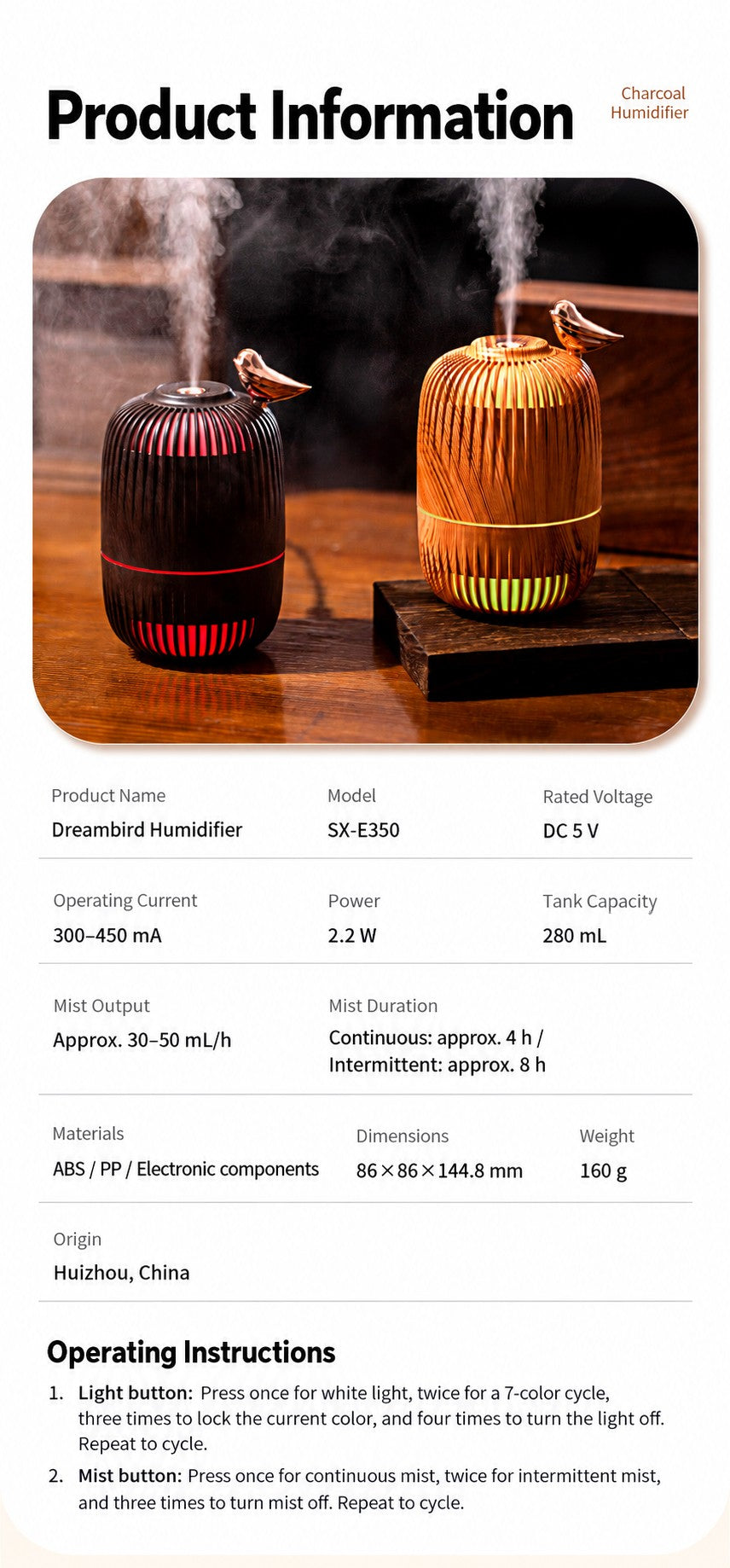 Dreambird Aroma Diffuser SX-E350 specifications and operating instructions