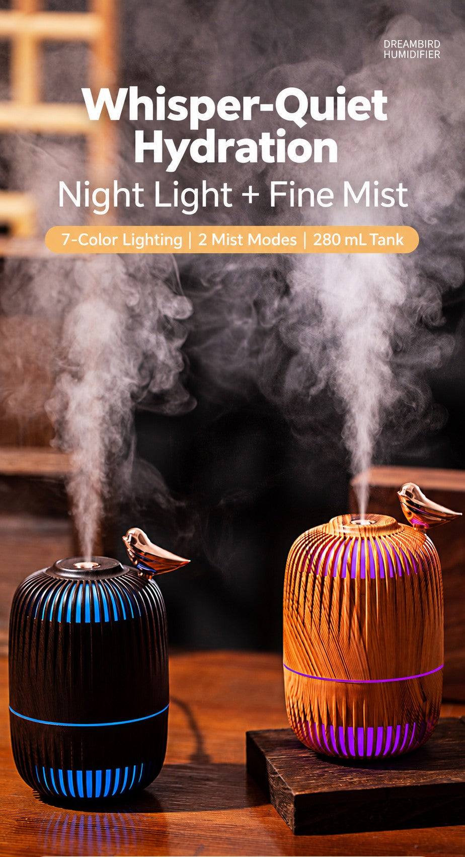 Dreambird Aroma Diffuser in Dark Walnut and Light Oak, quiet fine mist with 7-color light